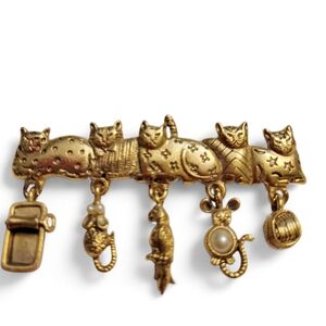 Vintage AJC (American Jewelry Co.) Gold-tone Cat Brooch with Charms.